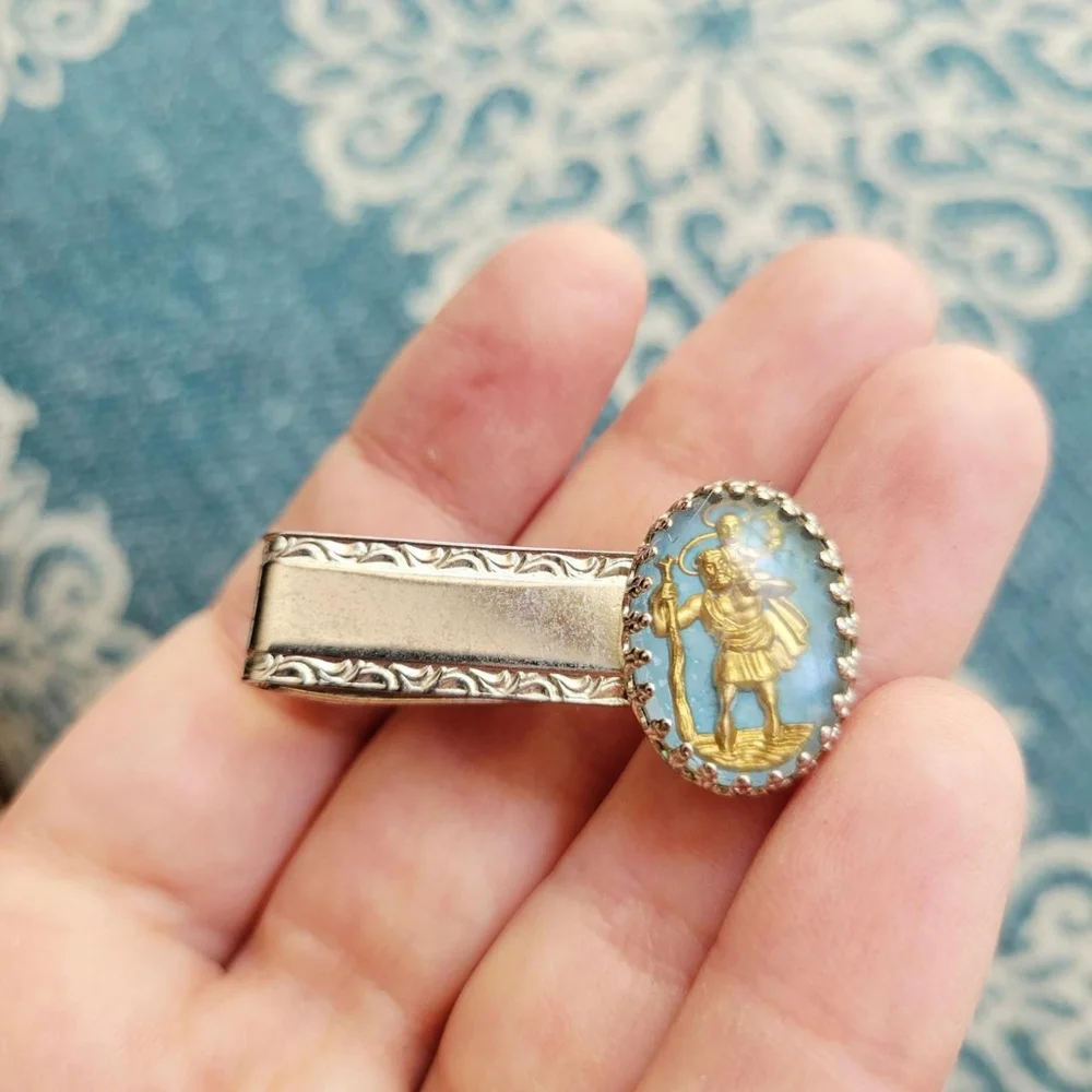 *RARE* Vintage Saint St Christopher Baby Blue, Gold, & Silver Oval Tie Clip